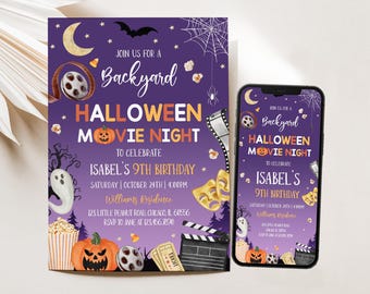 May include: Purple Halloween movie night invitation and phone display. The invitation includes a moon, bats, spiderwebs, popcorn, and a pumpkin. The text reads "Backyard Halloween Movie Night" and "Isabel's 9th Birthday".