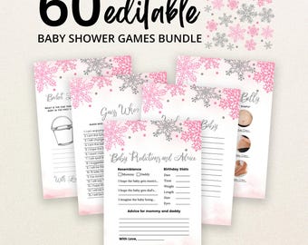 May include: A bundle of 60 editable baby shower game cards featuring pink and silver snowflake illustrations. The cards include titles like Baby Predictions and Advice, Guess Who, and Bucket List, with black text on white paper with pink watercolor accents.