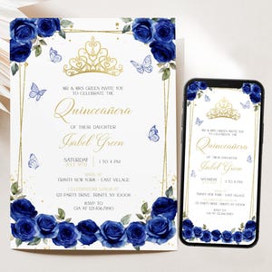Editable Royal Blue Gold Quinceañera Invitation, Butterfly Floral Birthday Invite, Floral Mis Quince Anos, Princess Quince Invite BRT352