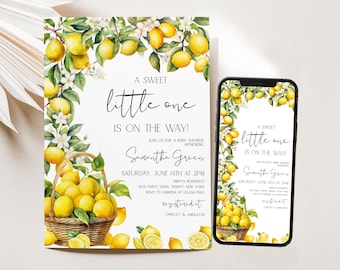 Editable Main Squeeze Lemon Baby Shower Invitation, Sweet Little One Baby Shower Invite, Lemon Citrus Baby Shower Invite BBS995