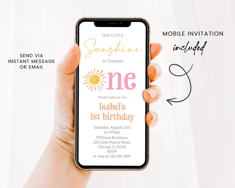 May include: A mobile phone screen displaying a birthday invitation for a one-year-old. The invitation features a sun graphic and the text "Our Little Sunshine is Turning One". The invitation includes the birthday girl's name, date, time, location, and RSVP information.