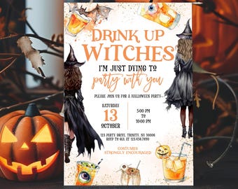 Editable Drink up Witches Halloween Party Invitation, Halloween Witch Party Invite, Halloween Witch Cocktails Mobile Invite, SNL663