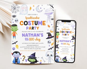 Op de afbeelding: Een Halloween-uitnodiging met de tekst "Spooktacular Costume Party" en "Nathan's 4th BOO-day". Het ontwerp bevat illustraties van geesten, een mummie, een heks, een vampier en andere griezelige elementen. Een smartphone toont dezelfde uitnodiging.