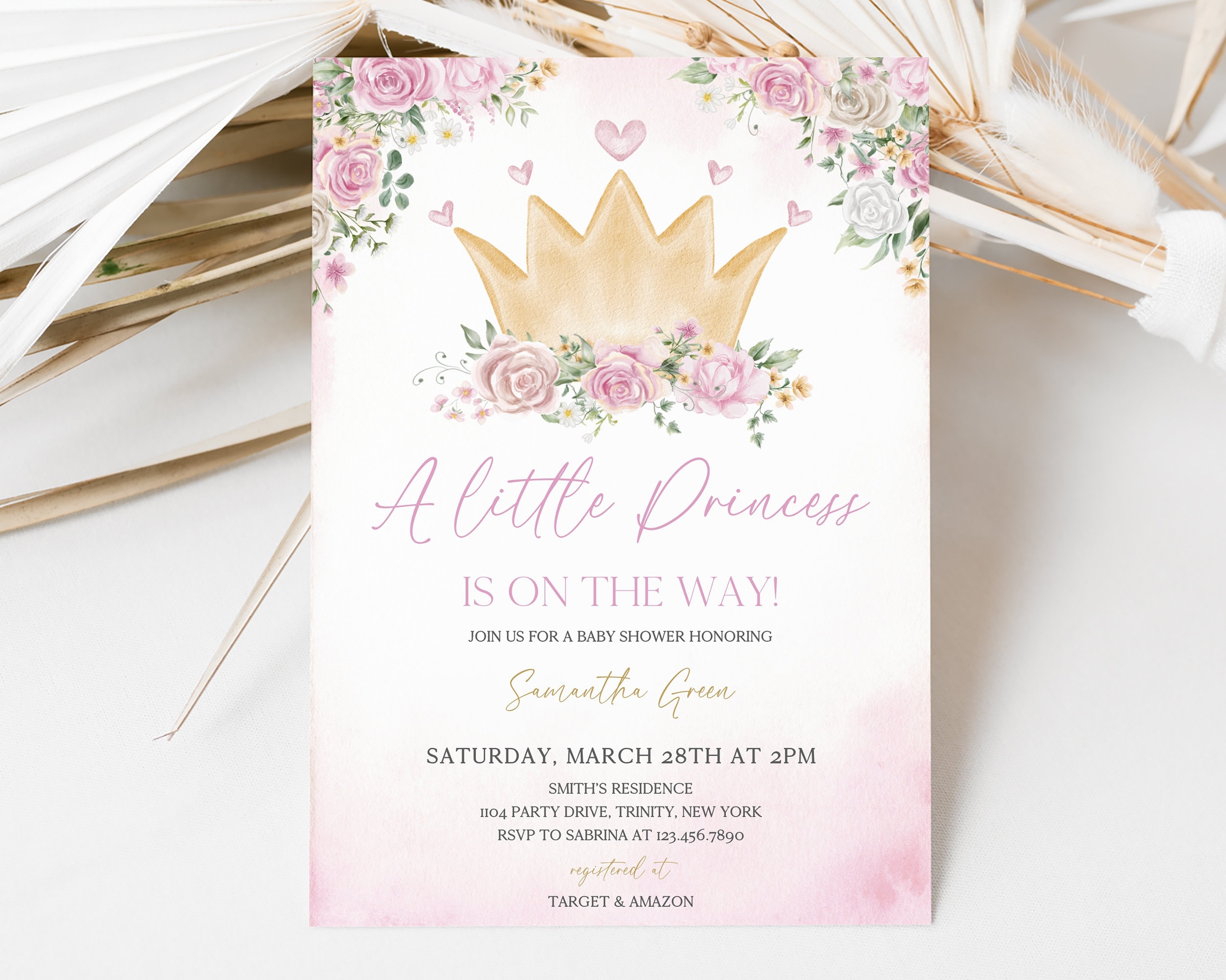 Editable Little Princess Baby Shower Invitation, Floral Princess Baby Shower Invite, Royal Princess Crown Baby Shower Template, BBS721