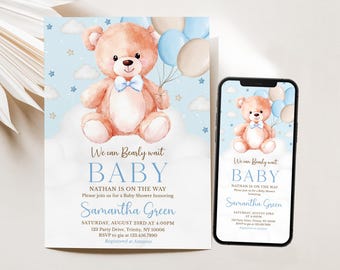 Editable Brown Bear Balloon Baby Shower Invitation, We Can Bearly Wait Baby Shower Invite, Blue Boy Boho Bear Baby Shower, BBS1044