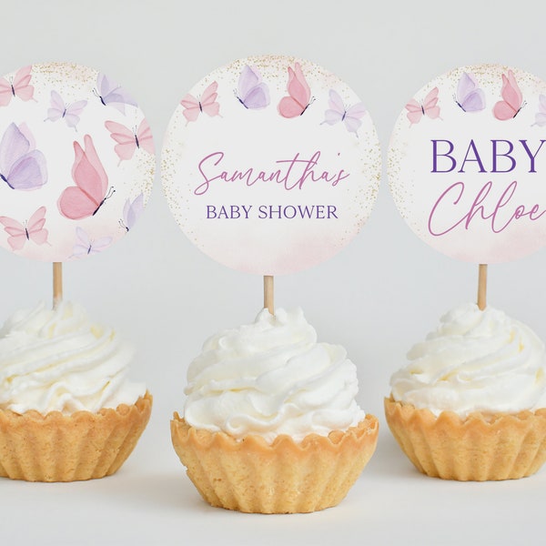 Editable Pink Purple Butterfly Baby Shower Cupcake Topper, Pastel Girl Baby Butterfly Cake Topper, Pink Gold Butterfly Decor, BBS626