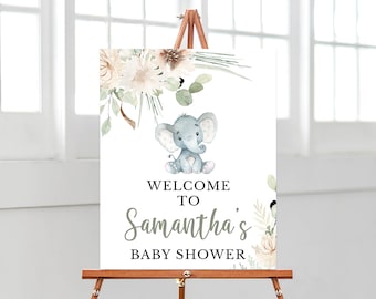 Editable Floral Elephant Baby Shower Welcome Sign, Gender Neutral Elephant Welcome Poster Baby Shower, Coed Boho Elephant Decoration, BBS270