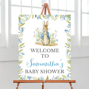 Bearbeitbares Peter Rabbit-Babyparty-Willkommensschild, Blaue Peter Rabbit-Willkommensplakat-Dusche, Junge Peter Rabbit-Dusche, Peter Rabbit-Dekor BBS298