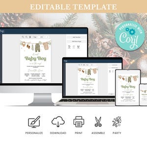 May include: A digital invitation template for a baby shower, displayed on a desktop computer, laptop, tablet, and smartphone. The invitation features the text "Baby Boy" and illustrations of baby clothes. The image also includes icons for personalization, download, print, assembly, and party.