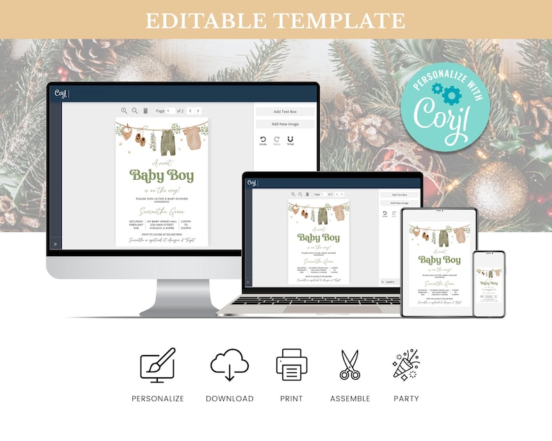 May include: A digital invitation template for a baby shower, displayed on a desktop computer, laptop, tablet, and smartphone. The invitation features the text "Baby Boy" and illustrations of baby clothes. The image also includes icons for personalization, download, print, assembly, and party.