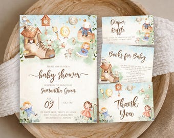 May include: A set of baby shower stationery featuring watercolour nursery rhyme illustrations including a shoe house, clock, and characters. The cards include text for a diaper raffle, books for baby, and a thank you note, with a main invitation.