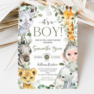 Editable It's a Boy Safari Baby Shower Invitation, Safari Jungle Baby Shower Invite, Greenery Safari Animals Baby Shower, BBS730