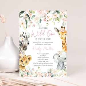 Redigerbar inbjudan till babyshower med djungelmotiv, inbjudan till babyshower med gröna blommor och safari-djungeldjur, rosa safari, BBS393