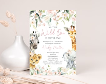 Editable A Little Wild One Girl Jungle Baby Shower Invitation, Greenery Floral Safari Jungle Animals Baby Shower Invite, Pink Safari, BBS393