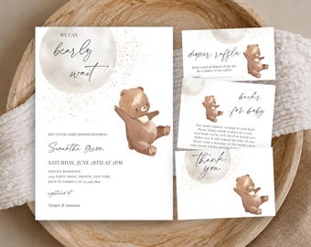 Editable Gender Neutral Bear Baby Shower Invitation Bundle, We Can Bearly Wait Baby Shower Invite, Brown Boho Bear Baby Shower, BBS855
