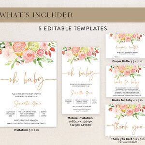 May include: A set of baby shower stationery templates with watercolor citrus and floral designs. Includes invitations, diaper raffle cards, book request cards, and thank you cards. The invitation is 5 x 7 inches.