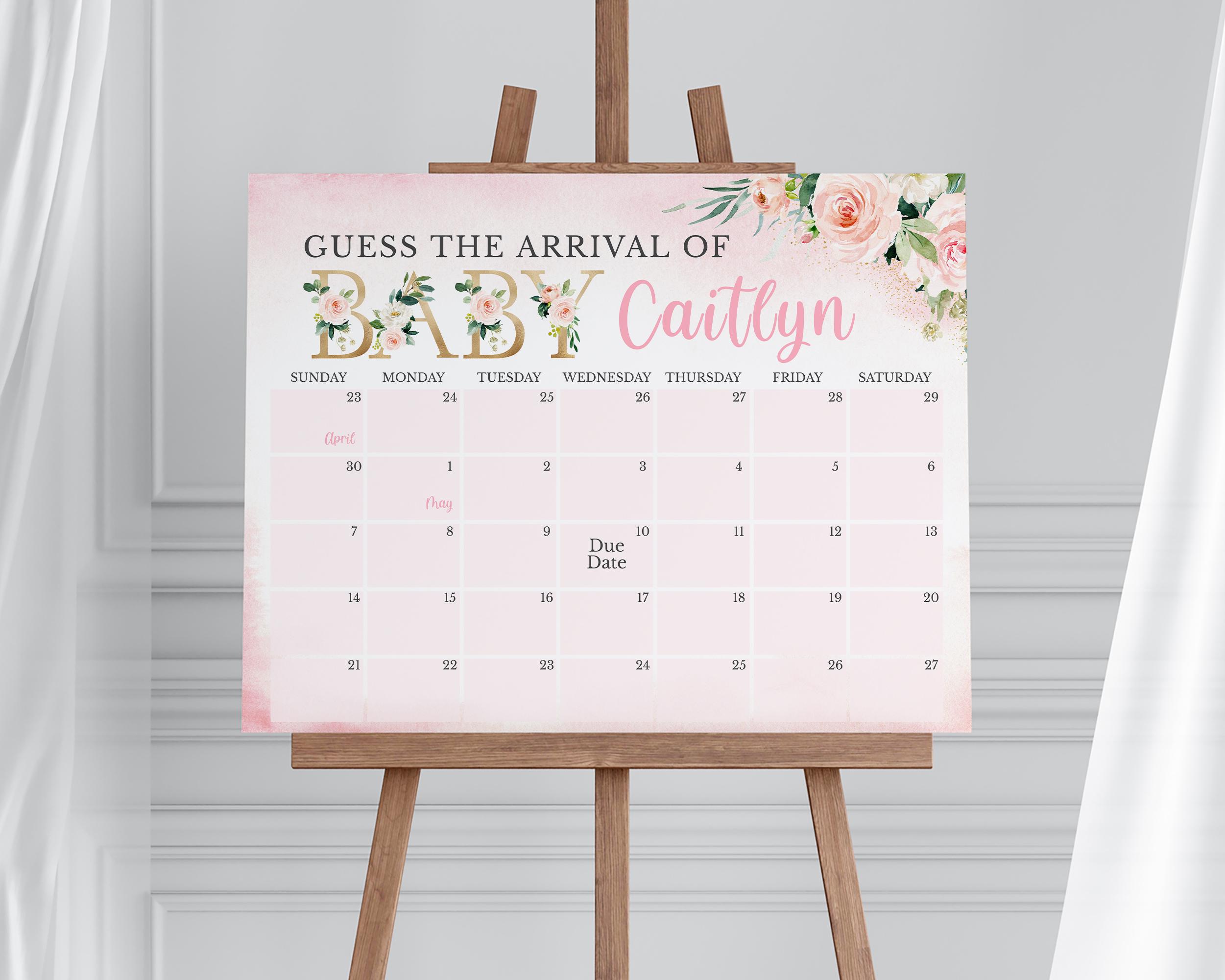 Editable Pink and Gold Floral Baby Shower Guess Baby's Arrival, Girl Floral Baby Shower Due Date Calendar, Pink Floral Decor, BBS243