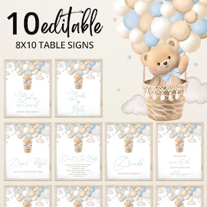 Editable Bear Blue Hot Air Balloon Boy Baby Shower Table Sign, We Can Bearly Wait Babies are Sweet Favors, Brown Bear Diaper Raffle, BBS459