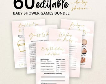 Anpassbares rosa-goldenes Babyparty-Spielepaket für Mädchen, Babyparty-Spielepaket in Pastellrosa, Babyparty-Spiele in Rosa und Pastellgold, BBS644