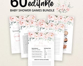 May include: A bundle of 60 editable baby shower game cards featuring a floral design with pink roses and green leaves. The cards include text such as Baby Predictions and Advice, Guess Who, and Bucket List, with blank lines for writing responses.