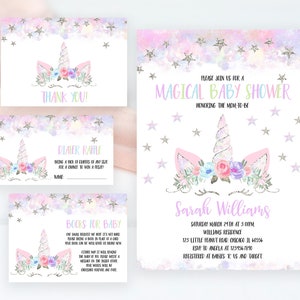 Editable Unicorn Baby Shower Invitation Bundle, Unicorn Baby Shower Invite, Purple Silver Winter Unicorn Baby Shower Invitation, BBS146