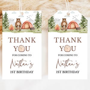 Editable One Happy Camper Woodland First Birthday Favor Tag, Woodland Birthday Thank You Tag, Boy Camping Birthday Party Favors, BRT318