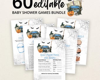 Editable A Baby is Brewing Halloween Baby Shower Game Bundle, Boy Blue Halloween Baby Shower Game Pack, Blue Witch Baby Shower Games, BBS420