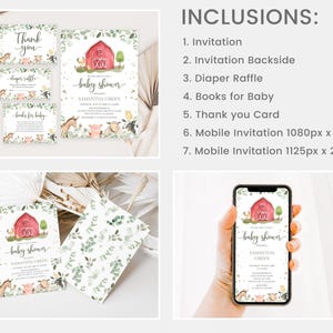 Puede incluir: Conjunto de invitaciones imprimibles para baby shower con un granero rojo, animales de granja y vegetaci&oacute;n. Incluye invitaci&oacute;n, reverso, rifa de pa&ntilde;ales, libros para el beb&eacute;, tarjeta de agradecimiento e invitaciones m&oacute;viles en dos tama&ntilde;os.