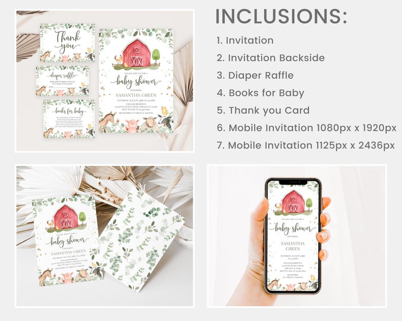 Puede incluir: Conjunto de invitaciones imprimibles para baby shower con un granero rojo, animales de granja y vegetaci&oacute;n. Incluye invitaci&oacute;n, reverso, rifa de pa&ntilde;ales, libros para el beb&eacute;, tarjeta de agradecimiento e invitaciones m&oacute;viles en dos tama&ntilde;os.
