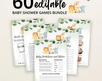May include: A bundle of 60 editable baby shower game cards featuring watercolour illustrations of a lion, giraffe, and elephant with green eucalyptus leaves. The cards include titles like Baby Predictions and Advice and Bucket List.