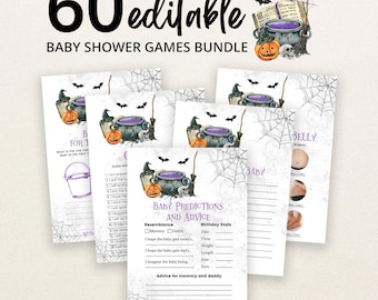 May include: A bundle of 60 editable baby shower game cards featuring a Halloween theme with illustrations of a purple potion cauldron, a jack-o'-lantern, a skull, a broomstick, and spiderwebs. The text reads 60 editable BABY SHOWER GAMES BUNDLE.
