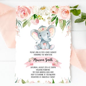 Editable Girl Elephant Baby Shower Invitation, Floral Elephant Baby Shower Invite, Pink Elephant Baby Shower Invite, Little Peanut, BBS155