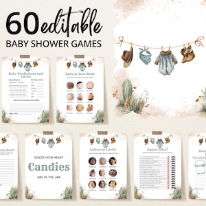 Editable A Little Cowboy Baby Shower Game Bundle, Wild West Baby Shower Game Pack, Brown Blue Cowboy Shower Games, Rodeo Cactus BBS1066