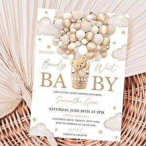 Redigerbar könsneutral "Vi kan vänta"-inbjudan till babyshower med björnmotiv, rustik babyshowerinbjudan med brun björn och ballonger, BBS832