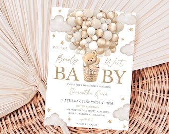 Editable Gender Neutral We Can Bearly Wait Baby Bear Baby Shower Invitation, Rustic Brown Bear Balloon Baby Shower Invite, BBS832