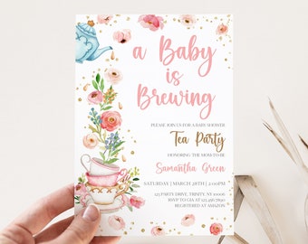 Editable A Baby is Brewing Shower Invitation, Floral Tea Party Baby Shower Invite, Girl Garden Tea Party Baby Shower, Tea Brewing, BBS634