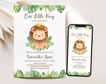 Bewerkbaar onze kleine koning leeuw babyshower uitnodiging, baby leeuw babyshower uitnodiging, groen leeuw babyshower uitnodiging, BBS1076