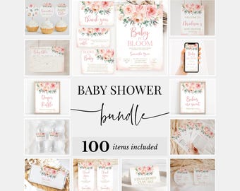 May include: A pink and white baby shower printable bundle with floral designs. The bundle includes 100 items, such as invitations, thank you cards, diaper raffle tickets, and more. The text "Baby in Bloom" is featured on the invitation.