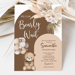 Editable We Can Bearly Wait Baby Shower Invitation, Gender Neutral Bear Balloon Baby Shower Invite, Boho Bear Baby Shower, BBS435