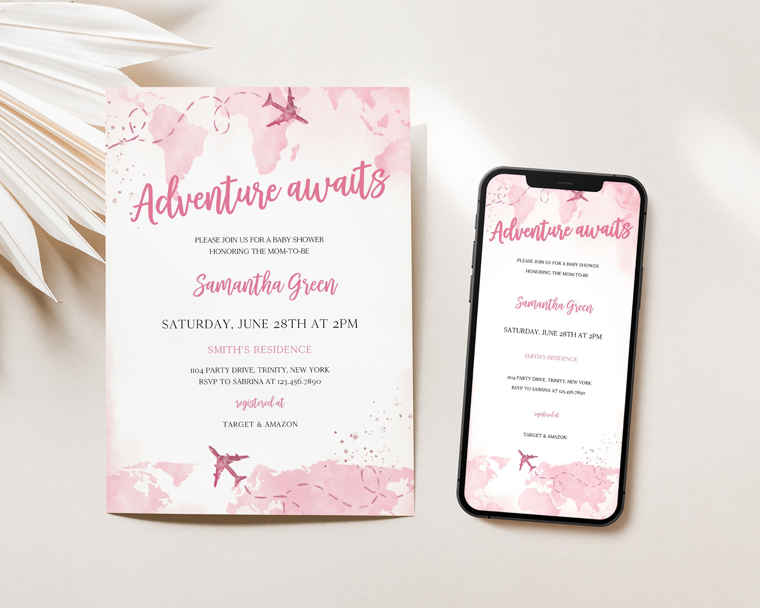 Editable Adventure Awaits Girl Baby Shower Invitation, Pink Travel ...