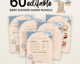 Op de afbeelding: Een bundel met printbare babyshower-spelkaarten met een teddybeer die blauwe en beige ballonnen vasthoudt, blauwe bloemaccenten en boogontwerpen. De tekst luidt 60 editable baby shower games bundle, Baby Predictions and Advice, Guess Who en Wishes for Baby.