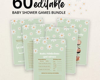 May include: A bundle of 60 editable baby shower game cards featuring a light green background with a white daisy pattern. The cards include titles such as Baby Predictions and Advice and Guess Who, with blank lines for writing responses.
