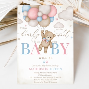 Invito per baby shower modificabile Gender Revel Bear, invito per baby shower Girl Boy We Can Bearly Wait, invito per baby shower Boho Bear rosa blu, BBS824