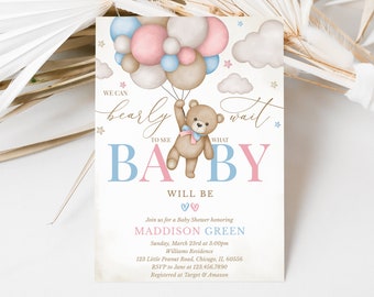 Editable Gender Revel Bear Baby Shower Invitation, Girl Boy We Can Bearly Wait Baby Shower Invite, Pink Blue Boho Bear Shower Shower, BBS824