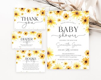 Editable Sunflower Baby Shower Invitation Bundle, Girl Rustic Sunflower Baby Shower Invite, Spring Sunflower Baby Shower Invite, BBS614