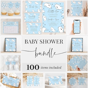 Editable Blue A Little Boo Baby Shower Bundle, Boy Halloween Baby Shower Invitation Pack, Ghost Halloween Baby Shower Game Package, BBS497