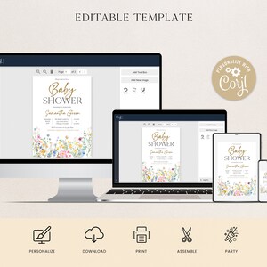 Puede incluir: Plantilla de invitaci&oacute;n para baby shower mostrada en ordenador, port&aacute;til, tableta y smartphone. La invitaci&oacute;n presenta texto dorado que dice "Baby Shower" y "Samantha Green" con detalles florales. La imagen tambi&eacute;n incluye el texto "EDITABLE TEMPLATE" y "PERSONALIZE with Corjl!"