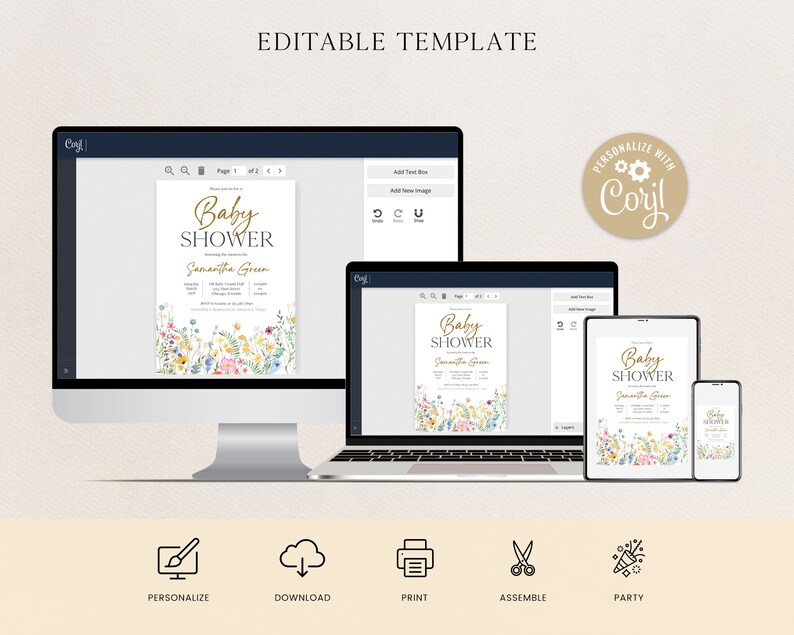 Puede incluir: Plantilla de invitaci&oacute;n para baby shower mostrada en ordenador, port&aacute;til, tableta y smartphone. La invitaci&oacute;n presenta texto dorado que dice "Baby Shower" y "Samantha Green" con detalles florales. La imagen tambi&eacute;n incluye el texto "EDITABLE TEMPLATE" y "PERSONALIZE with Corjl!"
