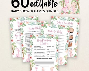 May include: A bundle of 60 editable baby shower game cards featuring watercolor pink dinosaurs, green palm leaves, and floral accents. The cards include titles like Guess Who, Wishes for Baby, and Baby Predictions and Advice with blank lines.