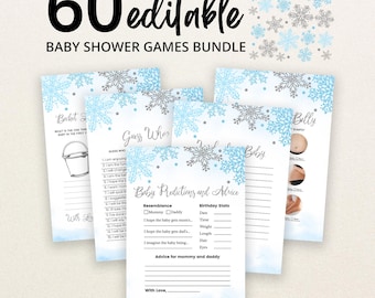 Pode incluir: Um conjunto de 60 cartões de jogos editáveis para chá de bebé com tema de inverno, decorados com ilustrações de flocos de neve em azul claro e prateado. Os cartões incluem títulos como Guess Who, Baby Predictions and Advice e Bucket List.